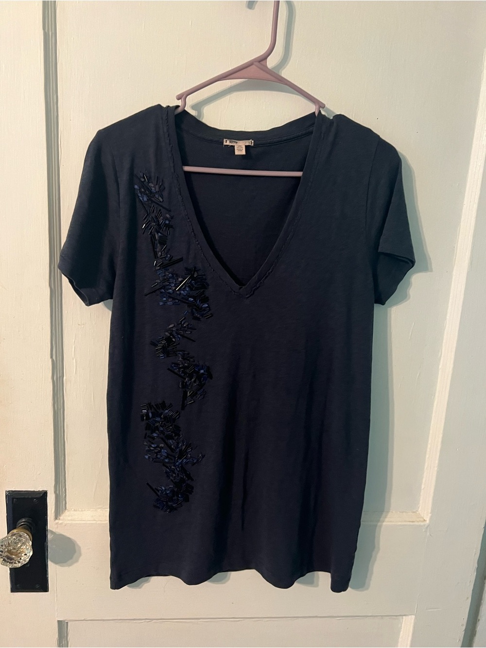 J. Crew Blue V-Neck Short Sleeve Tee with Beaded Detail